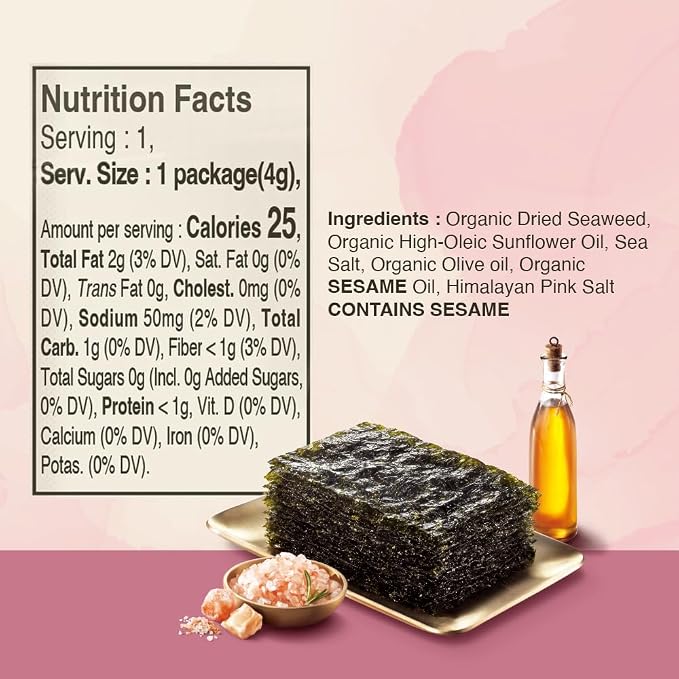 Roasted Seaweed Snack [Himalayan Salt | Pack of 12] Crispy Korean Laver Sheets | Vegan | Gluten-Free Nori | Low-Calorie | Perfect for Sushi, Rice Bowls, Snacks, Lunchboxes, Picnics, Plant-Based Korean Seaweed Chips - O’food