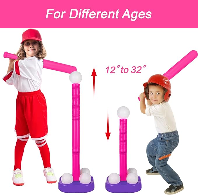 Liberry Adjustable T-Ball Set for Kids and Toddlers, Includes Kids Baseball Bat, Adjustable Height Tee Ball Stand, 4 Balls and Weighted Base, Sports Game Toy Gift for Boys Girls (Pink)