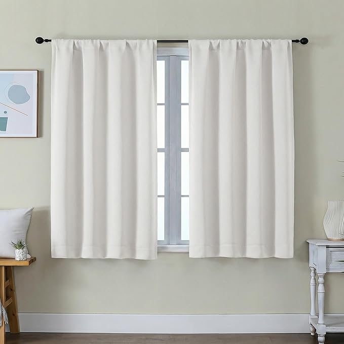 Simplebrand Ava Ivory Short Light Filtering Curtains for Bedroom 45 Inches Long 2 Panels Set, Solid Thermal Insulated, Energy Saving Window Treatment Curtains Light Filtering Drapes, W40 x L45 Inch