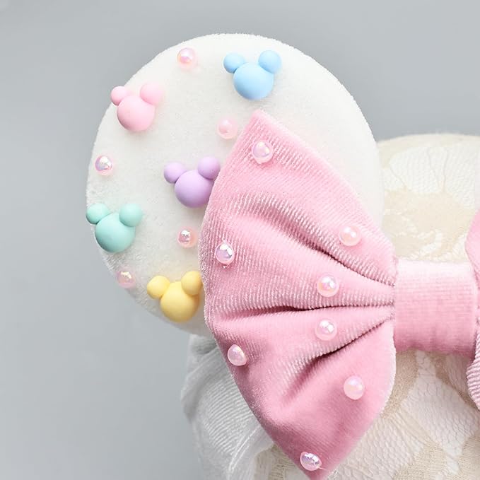 JIAHANG Baby Girl Velvet Mouse Ears Turban Headwrap with Beadings, Velvet Hair Bow Headband for Infant Toddlers Kids