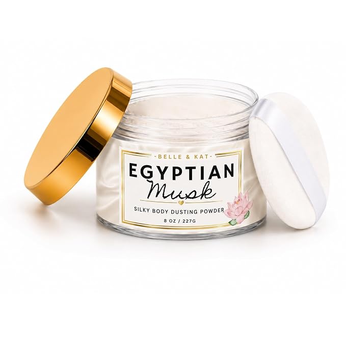 Egyptian Musk Scented Body Powder for Men & Women, Bath Perfume Dusting Powder with Fragrance & Essential Oils, Talc Free 8oz Container with Soft Puff, Made in USA