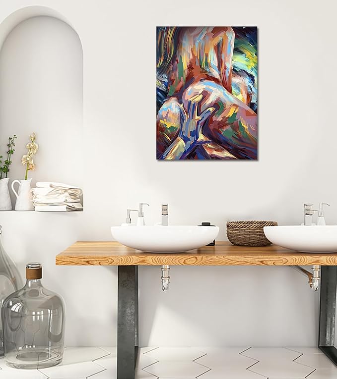 Yeesjoee Sexy Nude Woman Wall Art Canvas Prints, Abstract Body Painting Vibrant Color & Modern Bold Brushstroke, Lovers Posters Decor for Bedroom Sexual Bathroom Laundry Ready to Hang, 12x16 in Framed