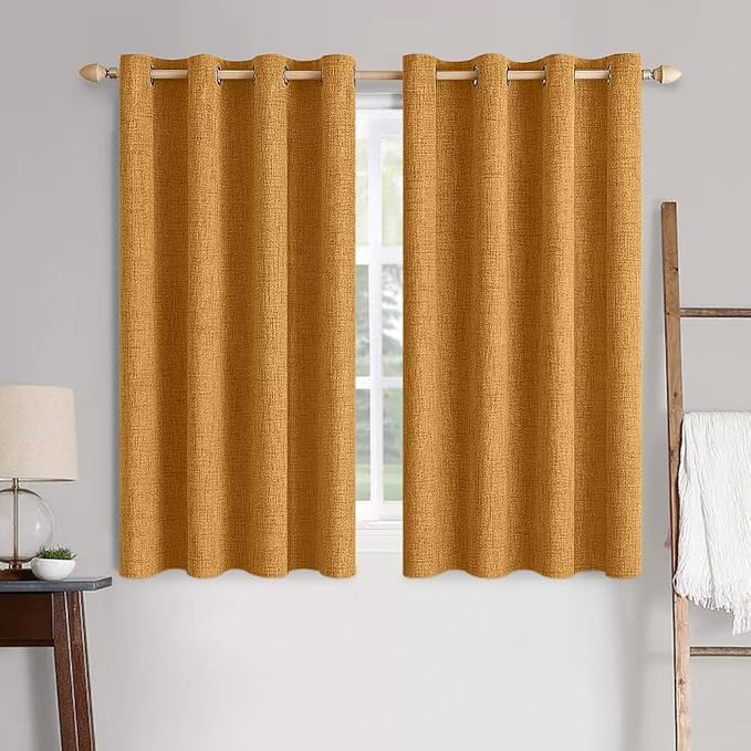 MIULEE 100% Blackout Linen Textured Curtains for Bedroom Solid Thermal Insulated Mustard Yellow Grommet Room Darkening Curtains & Drapes Luxury Decor for Living Room 52 x 54 Inch (2 Panels)