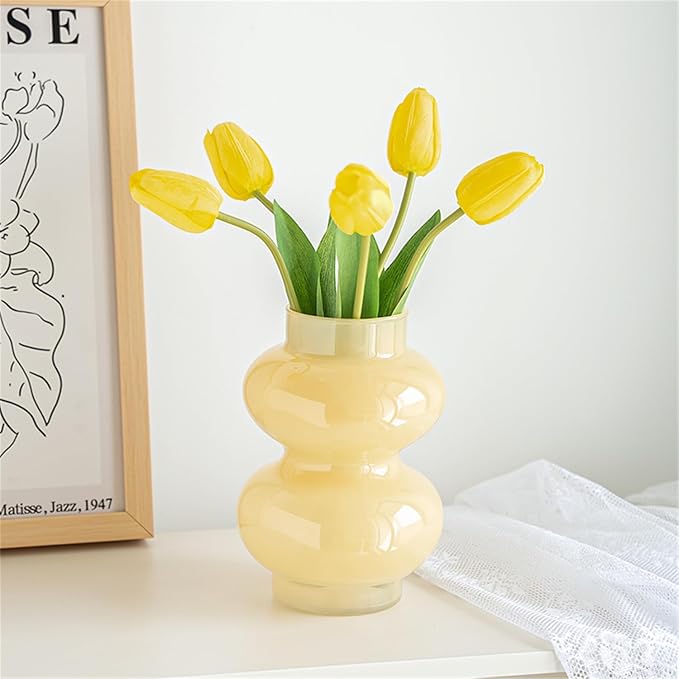 JSPYFITS Glass Hydroponic Flower Vase, Double Balls Colored Glass Bubble Vase for Flower, 7 Inches Glassvase Funky Vase for Home/Office/Weddings/Party Table Flower Décor (Milky Yellow)