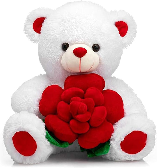 BEJOY Teddy Bear Stuffed Animals Plush Bear Holding Rose Soft Plush Toy Gifts 16 inches White