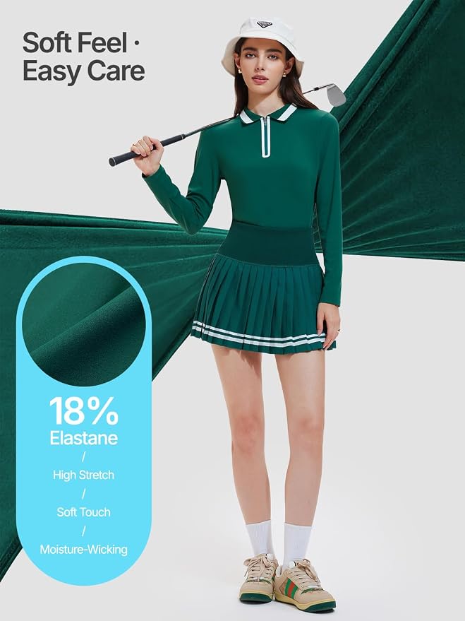 Women's 2-Piece Tennis Skirt Set, Polo V-Neck Top & High-Waisted Pleated Skirt, Athletic Outfit for Golf Pickleball