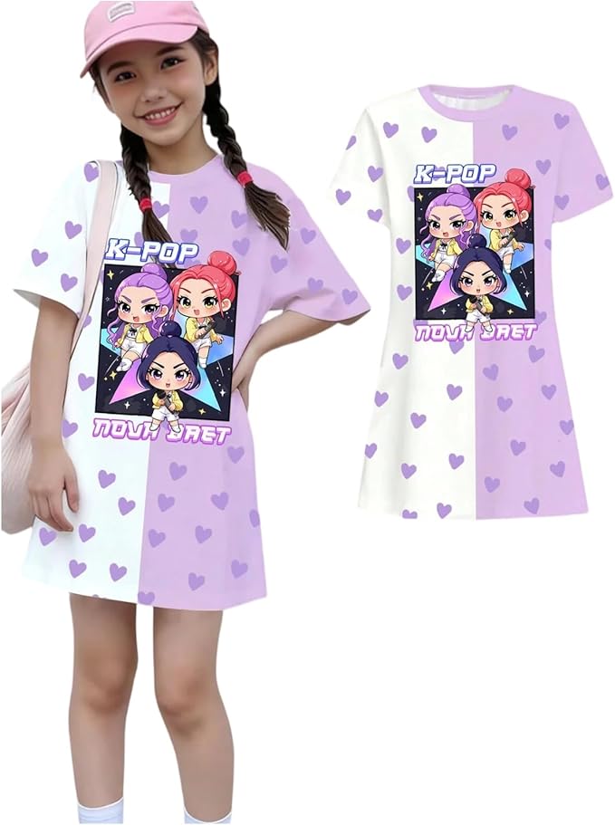 Girl's Anime K-POP Graphic Long Dress T-Shirt - Casual Loose Fit Short Sleeve Top