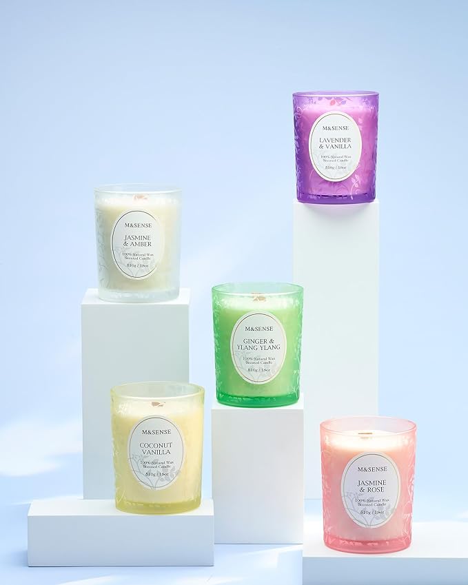 M&SENSE Ginger Ylang Ylang Scented Candle, Soy Wax, 18oz | Cracking Wooden Wick, 100 Hours Long Lasting, Large Jar, Non-Toxic Aromatherapy, Relaxing