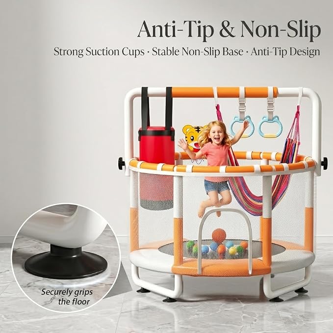 55" Kids Indoor Trampoline with Safety Net, Adjustable Gymnastics Bar & Toys – Indoor/Outdoor Toddler Play Gym for Boys & Girls Ages 3+, Birthday Gifts