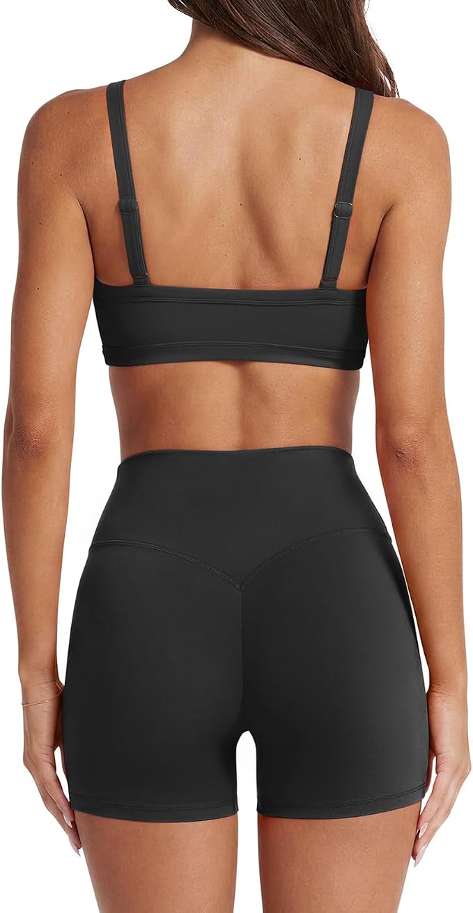 SUUKSESS Women Padded Workout Sets Adjustable Straps Sports Bra Tummy Control Biker Shorts
