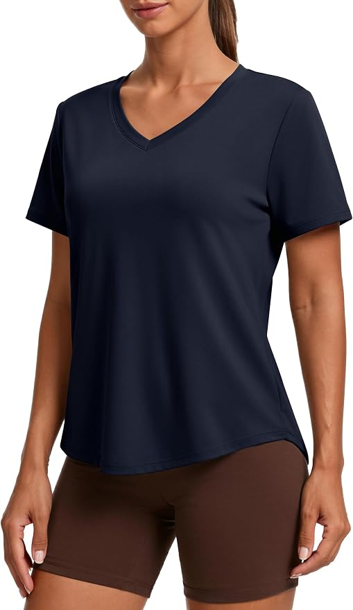 PINSPARK Soft Workout Tops for Women Short Sleeve V Neck Moisture Wicking UPF 50+ Sun Protection Quick Dry Gym Shirts