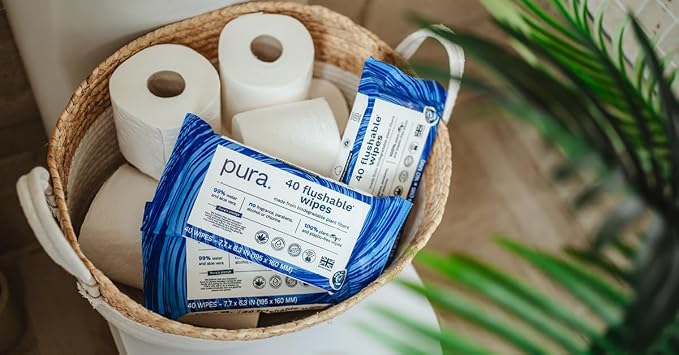 Pura XL Flushable Adult Wipes Unscented, Extra Large Family Wet Wipes with Aloe Vera & 99% Water, Sensitive Skin, 12 Pack of 40 (480 Wipes), Personal Hygiene Toilet