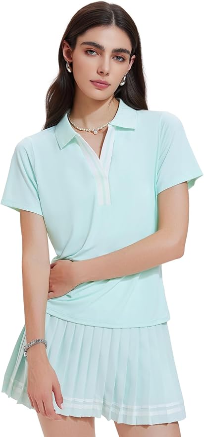 Women 2 Piece Tennis Skirt Set Pleated Golf Outfit, Polo V-Neck Athletic Dress Alternative Skort Set for Pickleball Pockets