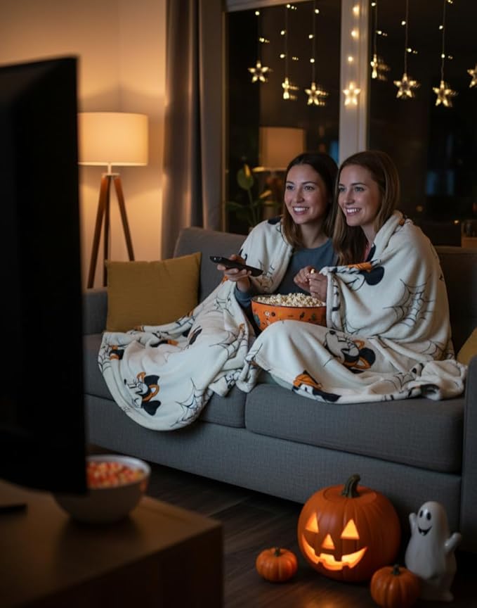 Jay Franco Kids Halloween Plush Throw Blanket – 50x70 Inch Ultra Soft & Comfy Fleece Throw for Couch, Sofa, Bed – Cozy Home Décor for Living Room & Bedroom, Beige - Mickey & Minnie Mouse