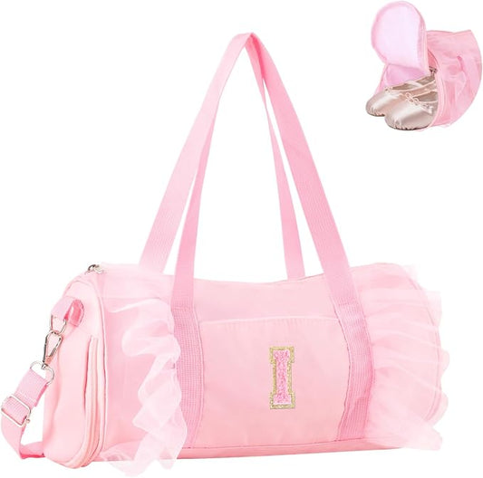 Personalized Initial Dance Bag for Girls 4-6, Small Lace Gym Sport Yoga Cheer Dance Bags Gift for Teen Girls, Cute Letter Kids Ballet Bag Toddler Travel Duffel Tote with Adjustable Straps(Pink-I)