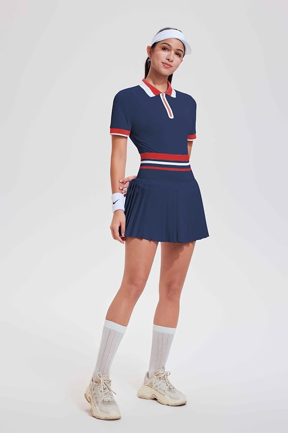 Tennis Skirt Sets for Women Zipper Color Block High Waisted Golf Polo Two Piece Skirt Set Women 2 Piece Outfits