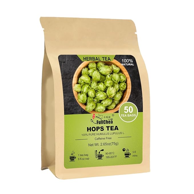 FullChea - Hops Herb Tea Bags - 50 Count - Natural Cut Humulus Lupulus L. | Sifted dried hop flowers, Non-GMO and caffeine-free, earthy bitter notes, delivers gentle calm for nightly relaxation.