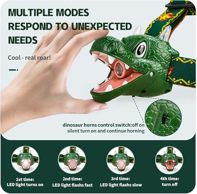 LED Dinosaur Headlamp for Kids, Children's Toy Flashlight Dinosaur Toys for Age 3 4 5 6 7 8 9 Years Old Kids, Camping Hiking Gear for Boys Girls