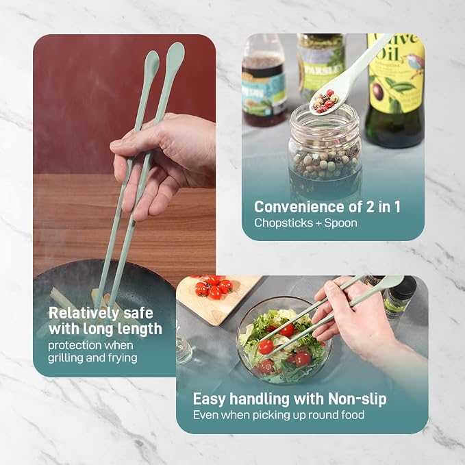 Reusable Long Silicone Cooking Chopsticks with Spoon 12 Inches 1 Pair, Dishwasher Safe, BPA-free Non-Slip, Korean, Heat Resistant, Japanese Kitchen Cookware (Pastel Green, 1 Pair )