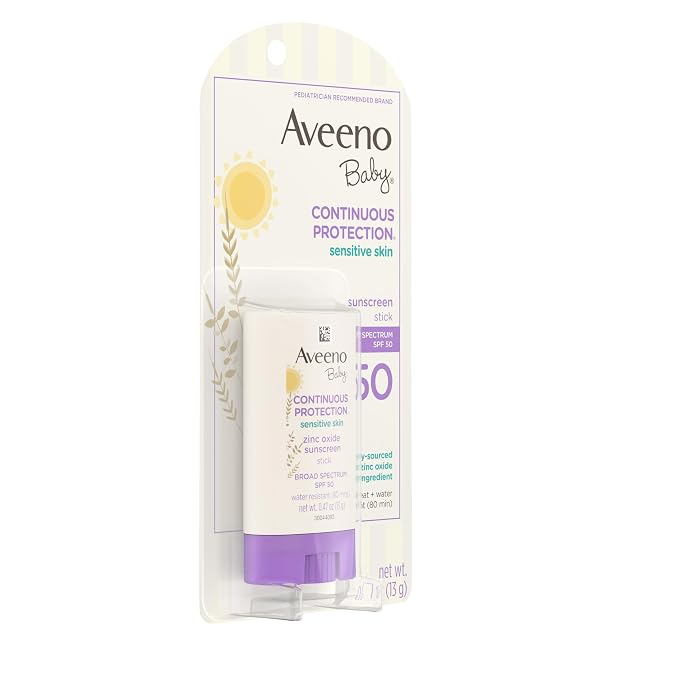 Aveeno Baby Continuous Protection Mineral Sunscreen Stick for Sensitive Skin with Broad Spectrum SPF 50 Protection for Face & Body, Naturally Sourced 100% Zinc Oxide, Travel Size, 0.47 oz (Pack of 12)