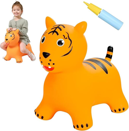 INPANY Bouncy Horse Tiger Hopper Toys, Toddlers Bouncing Zoo Animal Toys, Kid Hopping Bounce Buddies, Inflatable Ride on Rubber Bouncer, Outdoor Indoor Baby Birthday Gift for 2 3 4 Year Old Girl Boy