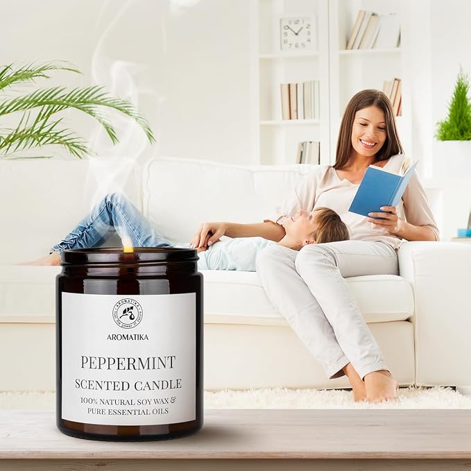 Scented Candle Peppermint - Soy Wax Candles with Essential Oil - Aromatherapy Candle - Soywax 150g - Up to 45 Hours Burn Time - Home Scented Candles - Glass Candle Gift