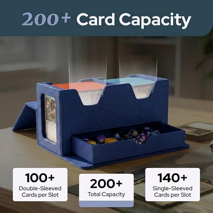 Card Deck Box Fits 200+ Double Sleeved，Commander Deck Box for Magic the Gathering with Dice Tray & Toploader Display,2 Dividers