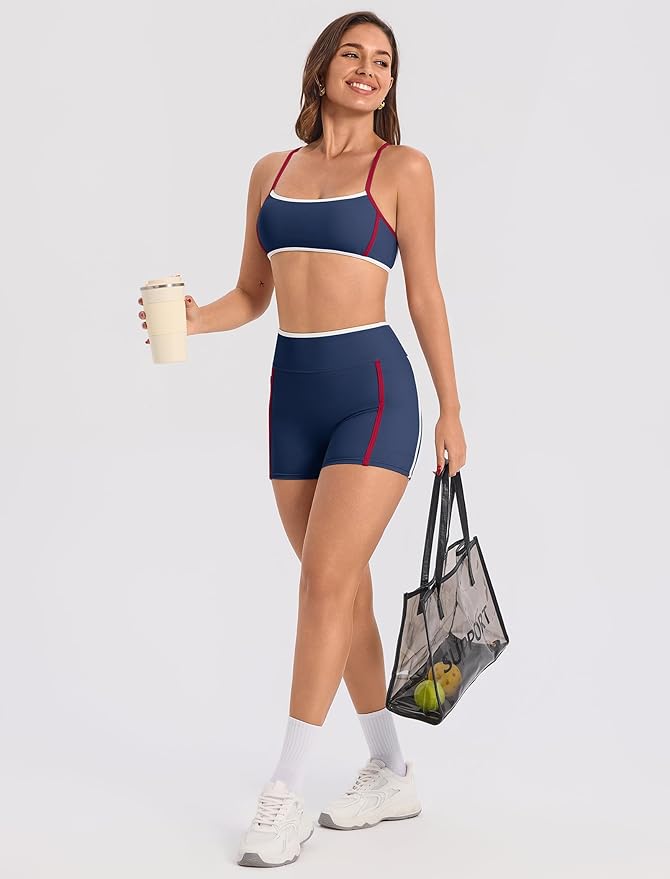 ABOCIW Workout Sets for Women 2 Piece Color Block Strappy Sports Bra High Waist Shorts Gym Yoga Pilates Outfits