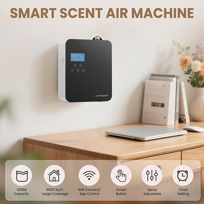URPOWER 300ml Waterless Nebulizing Scent Diffuser Up to 3000 Sq Ft, Smart APP Control HVAC/Wall Cold-Air Aromatherapy Machine with Lockable Oil Bottle for Home/Office/Hotel Starter Oil Included(Black)