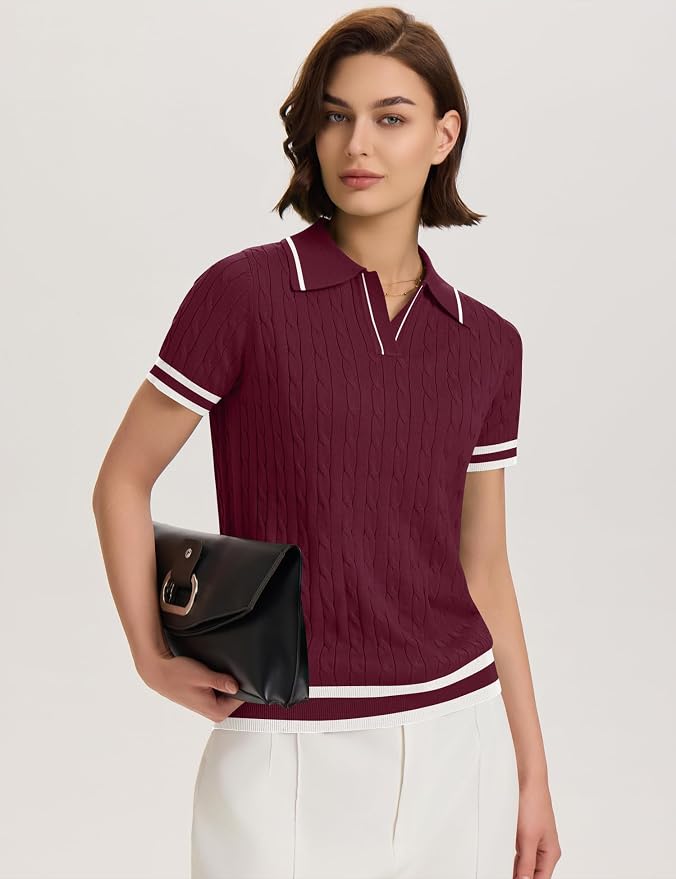 Micoson Womens Short Sleeve Sweater Tops Lapel V Neck Polo Shirts 2026 | Summer Cable Knit Loose Blouses, Business Casual Outfits