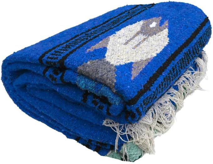 Thick Mexican Yoga Blanket - Serape Fish Design - Handmade (Blue)