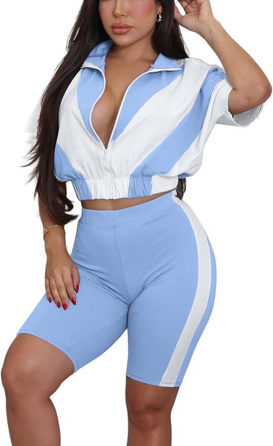 Adogirl Women 2 Piece Outfits Summer Tracksuit Color Block Short Sleeve Full Zip Up Cropped Jacket Bodycon Shorts Lounge Sets