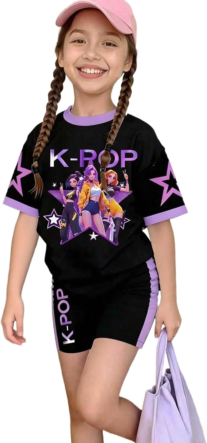 K-POP DEM0N Hunters Outfits for Girls, 2 Piece T-Shirts and Apparel Sets Birthday Gift