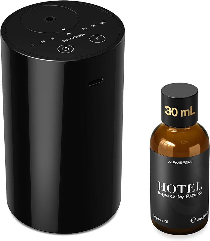 ANZ Waterless Essential Oil Diffuser Starter Kit, Black | 30 mL RZ C.Hotel Scent Fragrance Oil, Battery Operated, Up to 600 sq ft, Portable for Home Car Office, ANZKit-30-A