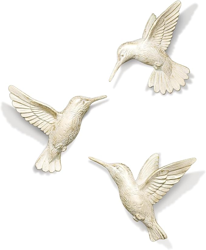 GUSFREUD 3D Hummingbird Wall Decor Set - Gold Resin Bird Wall Decor for Living Room, Bedroom and Gallery Walls - Ivory Gold - Set of 3
