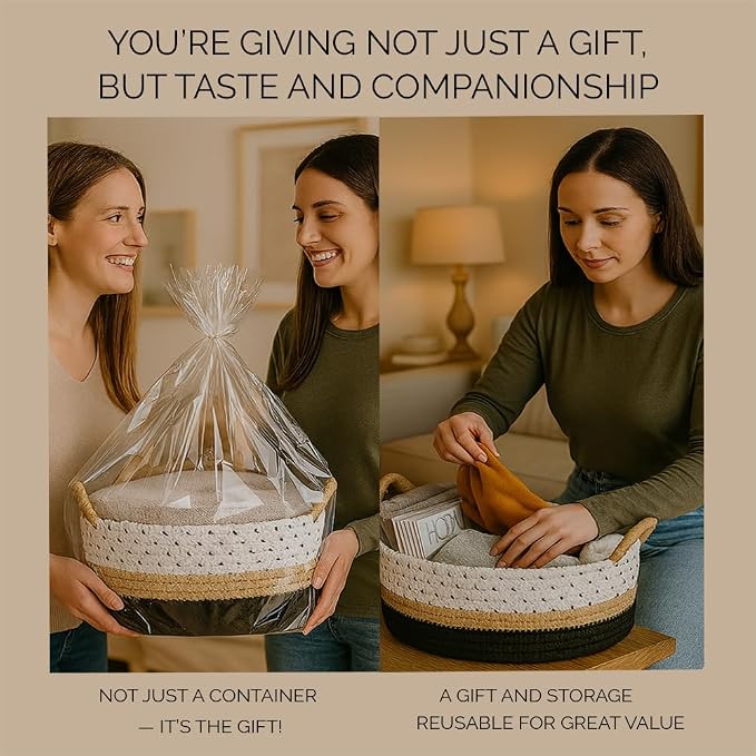 Yimi's Dream Woven Cotton Rope Gift Basket with Handles, Decorative Storage | White Brown Black Basket for Christmas, Housewarming, Nursery, Toys, Baby Laundry, Towels, Gifts( Oval 12 x 8 x 5 in)