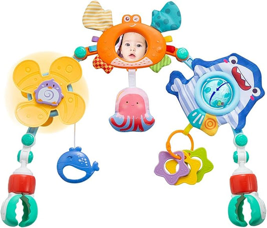 Adjustable Baby Stroller Arch Toy, Car Seat Toys for Infants 6-12 Months Bassinet Hanging Toy Bar Attachment with Mirror & Sound, Crib Comfort Gift for Birthday, Baby Shower