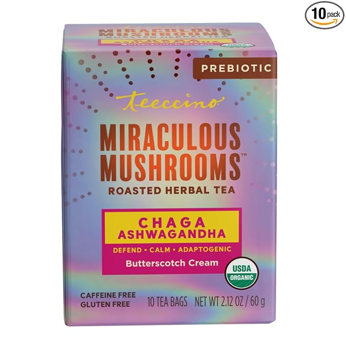 Teeccino Chaga Ashwagandha Tea - Butterscotch Cream - 10 TeaBags - Organic Mushroom Adaptogenic Herbal Tea, 3x More Herbs than Regular Tea Bags, Prebiotic, Caffeine Free, Gluten Free