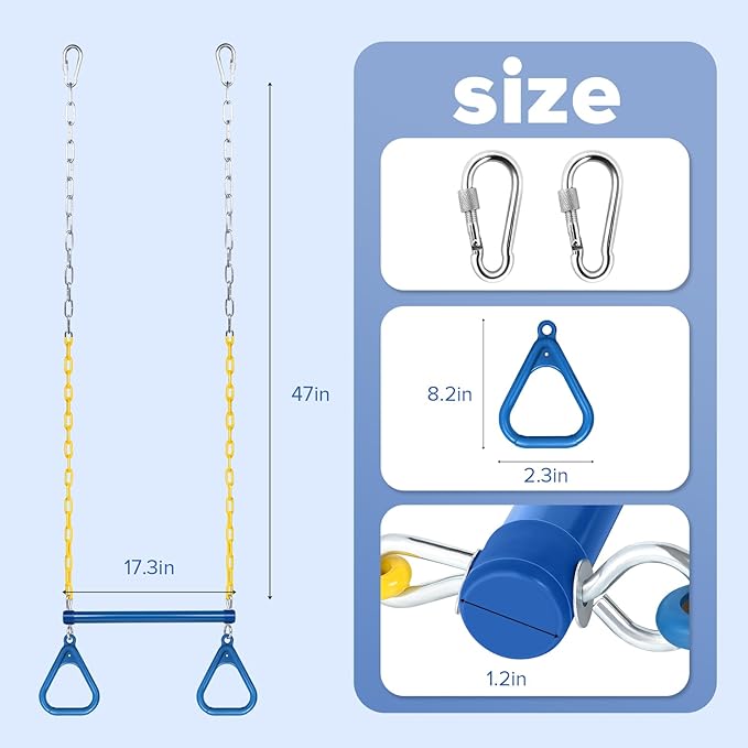 LadyRosian 17" Trapeze Bar Swing Set Gym Rings 47" Heavy Duty Chain Swing Set Accessories with Locking Carabiners Plastic Coated Chains Monkey Bars for Backyard, Playroom (Blue)