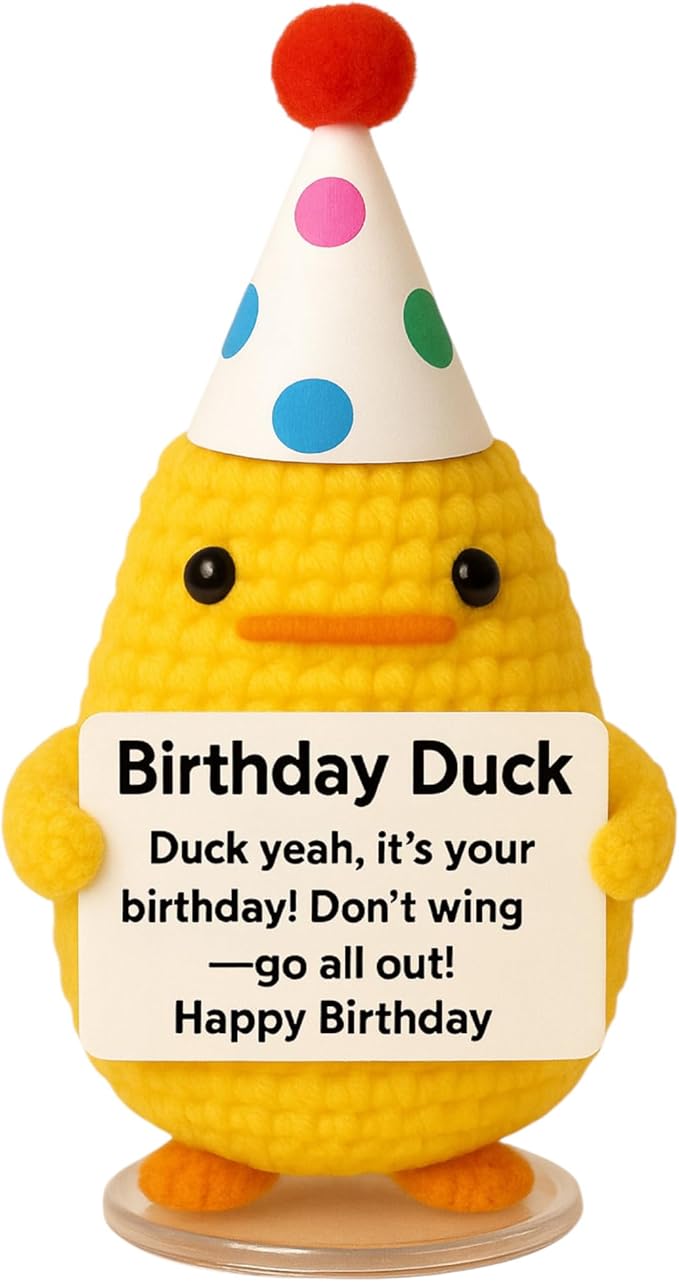 Birthday Duck with Stand. Emotional Support Crochet Gift. Happy Birthday Gifts for Women, for Her. Present for Mom. Funny Gag Gift for Friends.