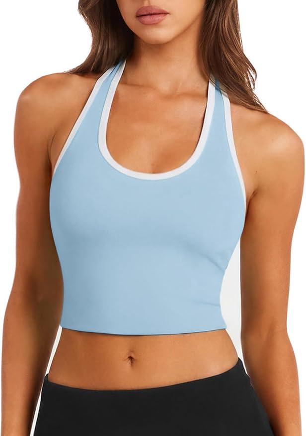 Halter Workout Top for Women: Open Back Sports Bra Color Block Tops with Built in Bra Yoga Gym Crop