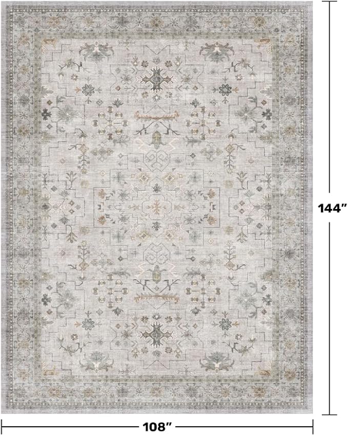 Large Light Gray & Sage 9x12 Living Room Rug - Vintage Floral Area Rug for Dining Room, Washable Low Pile Bedroom Carpet, Modern Eclectic Geometric Decor & Stain Resistance