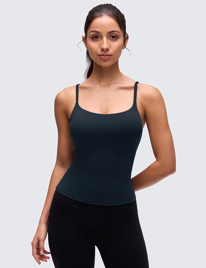 CRZ YOGA Softretch U Back Camisole Tank Tops for Women - Scoop Neck Padded Spaghetti Straps Soft Yoga Crop Top