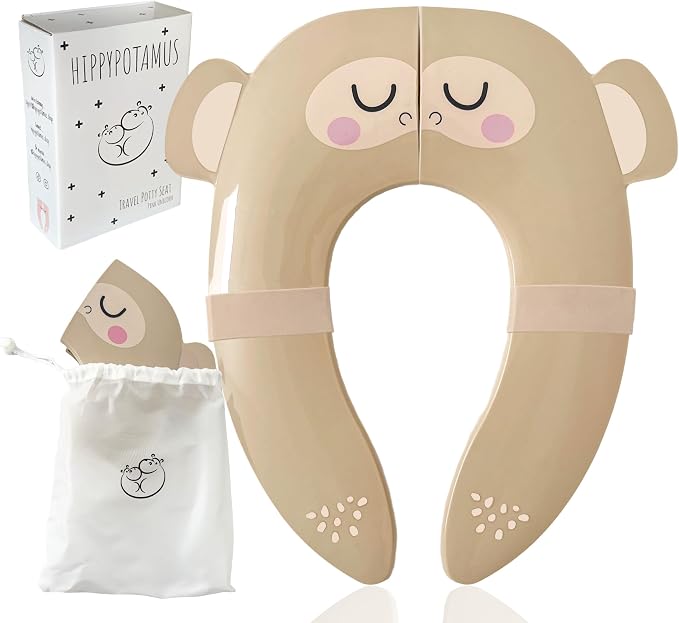 Hippypotamus Travel Potty Seat for Toddler - No-Pinch Folding Potty Training Seat - Non-Slip Silicone Grips - Includes Free Travel Bag (BEIGE Monkey)