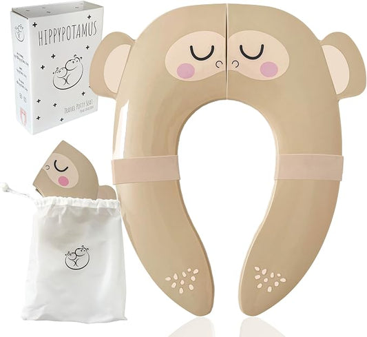 Hippypotamus Travel Potty Seat for Toddler - No-Pinch Folding Potty Training Seat - Non-Slip Silicone Grips - Includes Free Travel Bag (BEIGE Monkey)