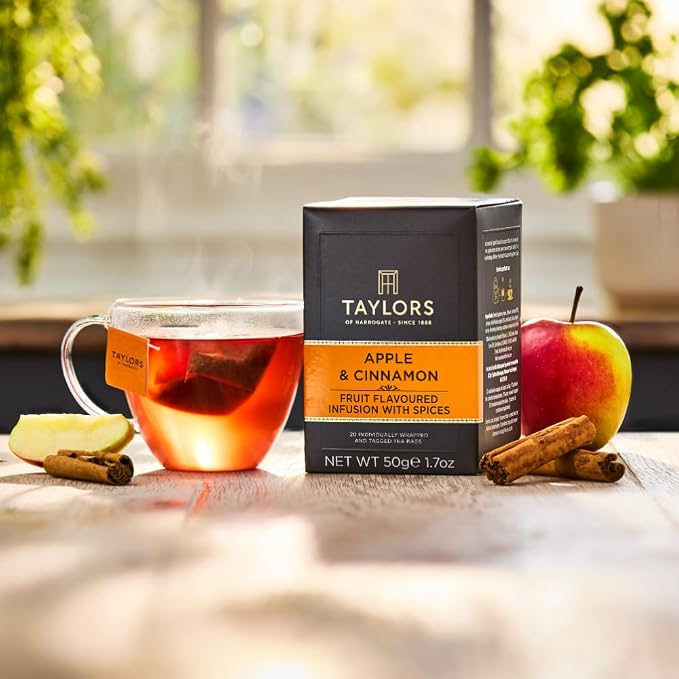 Taylors of Harrogate Apple & Cinnamon, Herbal Tea, Individually Wrapped Bags, 20 Count (Pack of 1), Spiced, Fruity & Sweet, Caffeine-Free, Enjoy Hot or Iced, 20 Teabags