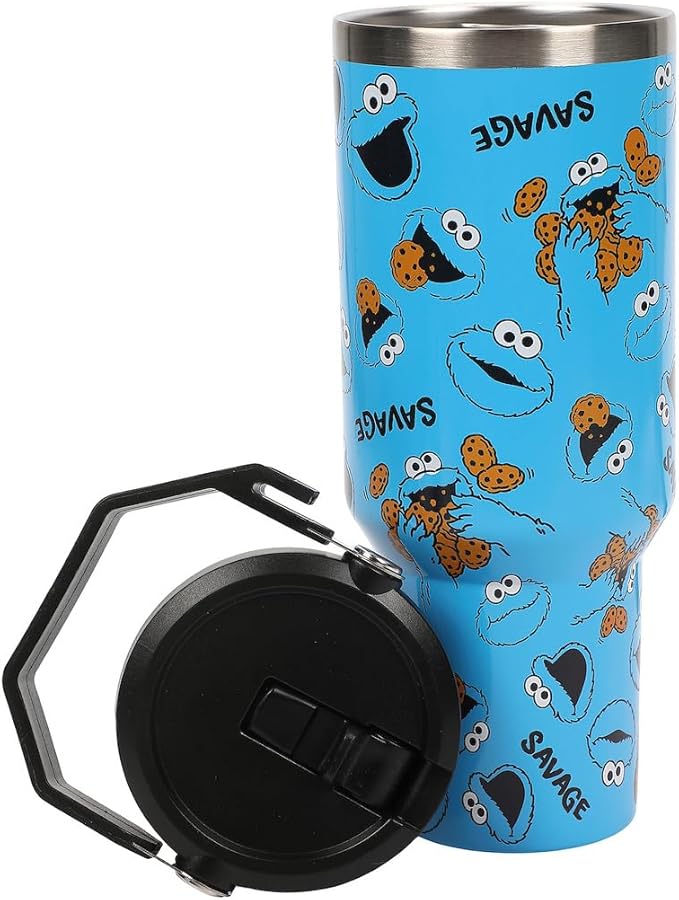 Bioworld Sesame Street Cookie Monster AOP 40 Oz. Vacuum Sealed Stainless Steel Tumbler With Carry Handle