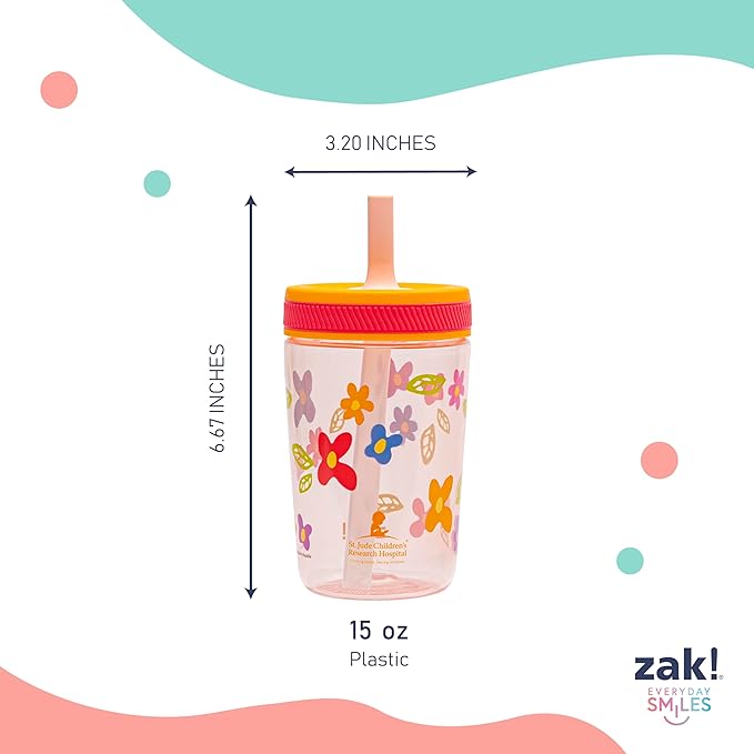 Zak Designs St. Jude Kelso Toddler Tumblers For Travel or At Home, 15oz 2-Pack Durable Plastic Sippy Cups With Leak-Proof Design is Perfect For Kids (Floral and Cactus)