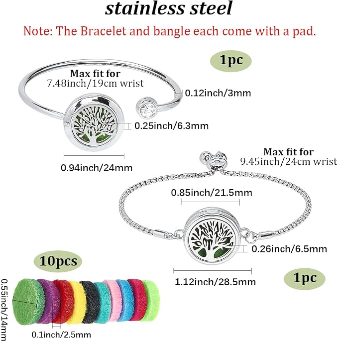 SUNNYCLUE 1 Box 2 Sets Essential Oil Diffuser Bracelets Essential Oil Bracelet Bangles with 10Pcs Refill Pad Tree of Life Stainless Steel Aromatherapy Locket Adjustable Jewelry for Women Gifts Travel
