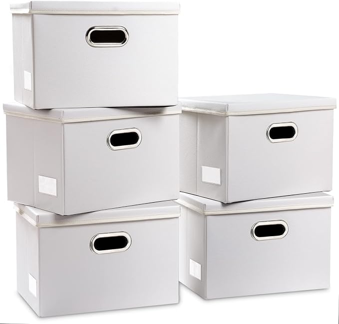 Foldable Storage Bins with Lids [5-Pack] Leather Fabric Collapsible Storage Boxes Organizer Containers Baskets Cube with Cover for Bedroom Closet Office Nursery White (14.9x10.8x10)
